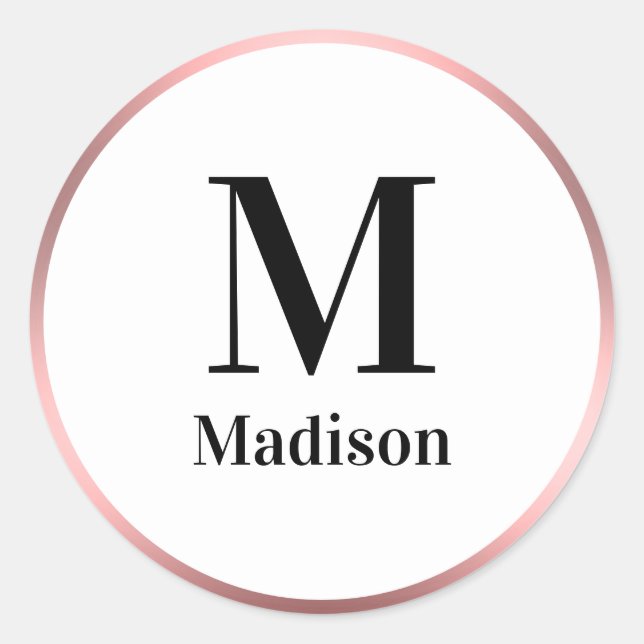 Sticker Rond Élégant Monogramme noir et blanc rose avec nom (Devant)