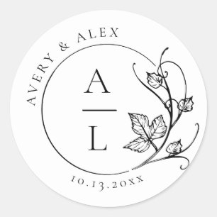 Sticker Rond Élégant Monogramme noir Mariage blanc