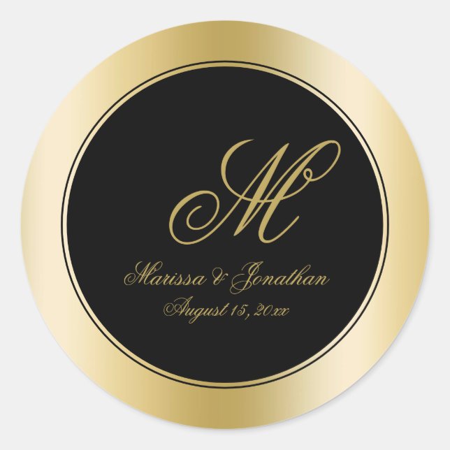 Sticker Rond Élégant Monogramme Or Script Mariage noir (Devant)