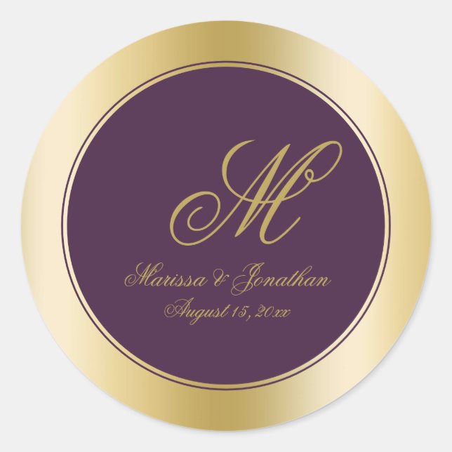 Sticker Rond Élégant Monogramme Or Script Plum Purple Mariage (Devant)