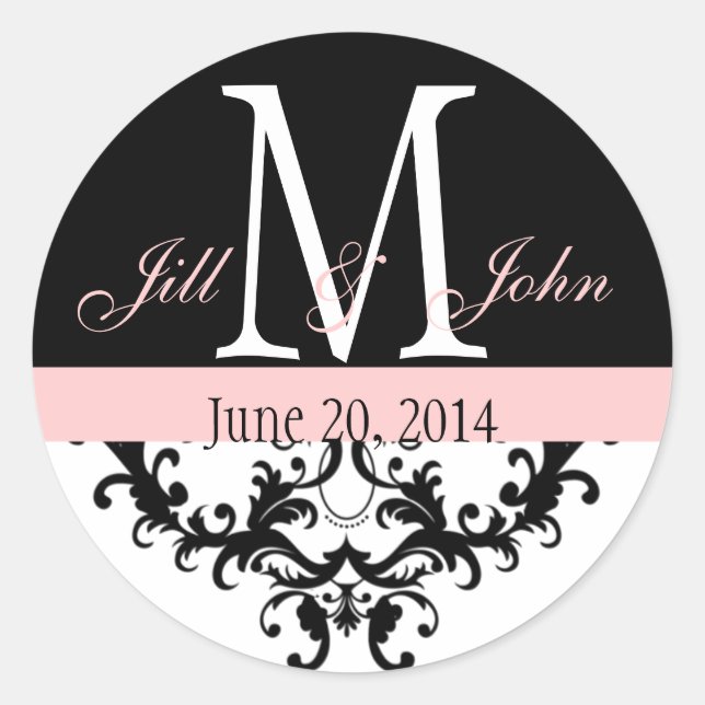 Sticker Rond Elégant Monogramme rose Black Fils Mariage Seal (Devant)
