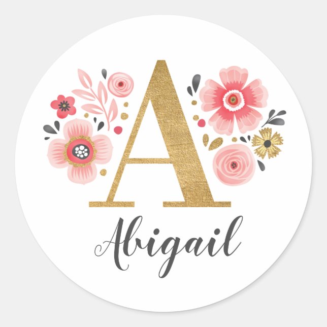 Sticker Rond Élégant Monogramme rose or Lettre florale A (Devant)
