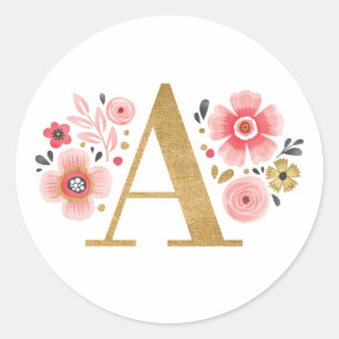 Sticker Rond Élégant Monogramme rose or Lettre florale A Classi