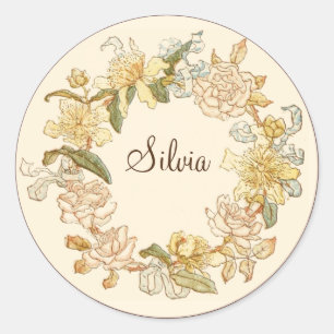 Sticker Rond Élégant Monogramme rose Vintage et Fleurs Jaunes