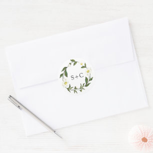 Sticker Rond Élégant Monogramme Simple blanc marguerite Mariage