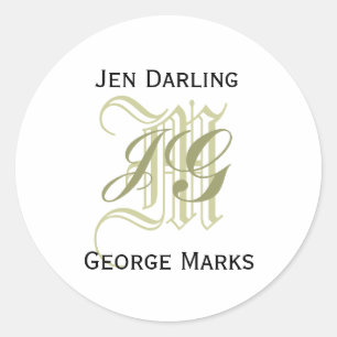 Sticker Rond Élégant monogramme Taupe et phoque Mariage blanc