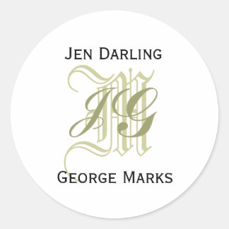 Sticker Rond Élégant monogramme Taupe et phoque Mariage blanc