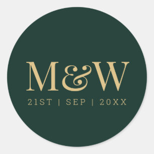 Sticker Rond Élégant Monogramme Vert Or Mariage Classic Round