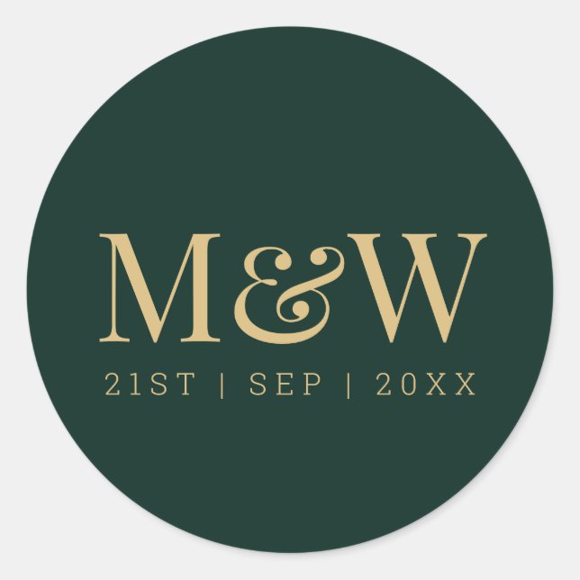 Sticker Rond Élégant Monogramme Vert Or Mariage Classic Round (Devant)