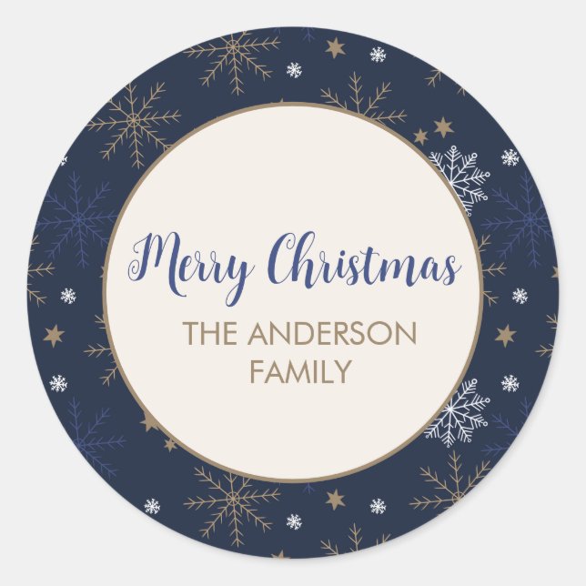 Sticker Rond Élégant Motif de flocon de neige bleu foncé (Devant)