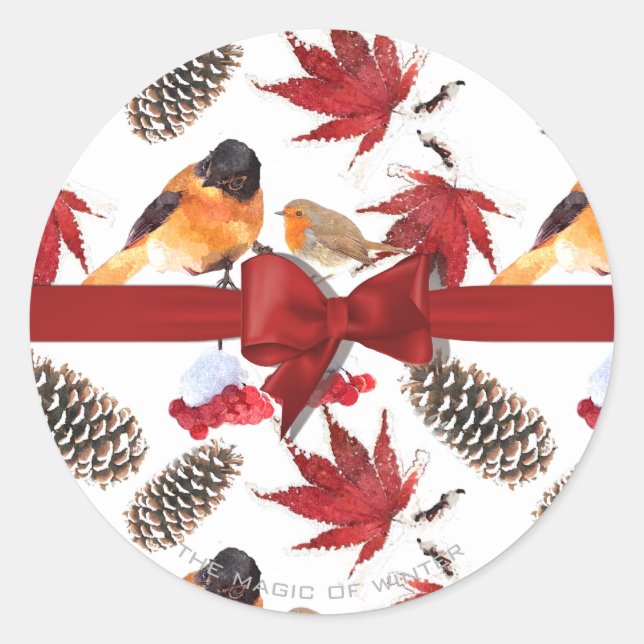 Sticker Rond Élégant Motif d'hiver de ruban rouge (Devant)