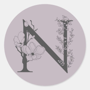 Sticker Rond Élégant N Boho Floral Monogramme initial Lilac Gre