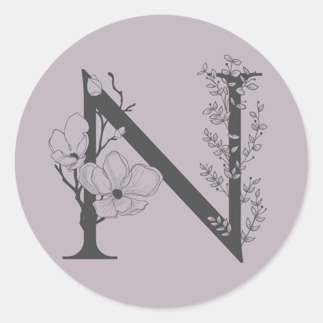 Sticker Rond Élégant N Boho Floral Monogramme initial Lilac Gre (Devant)