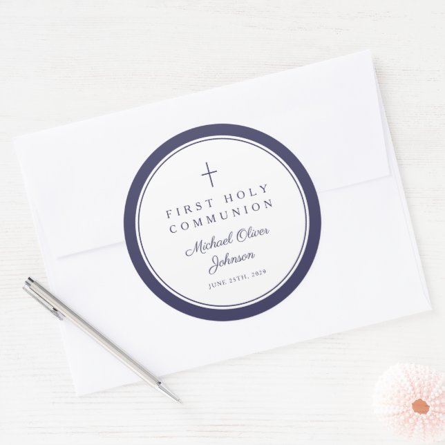 Sticker Rond Elegant Navy Blue Cross Boy First Communion  (Enveloppe)