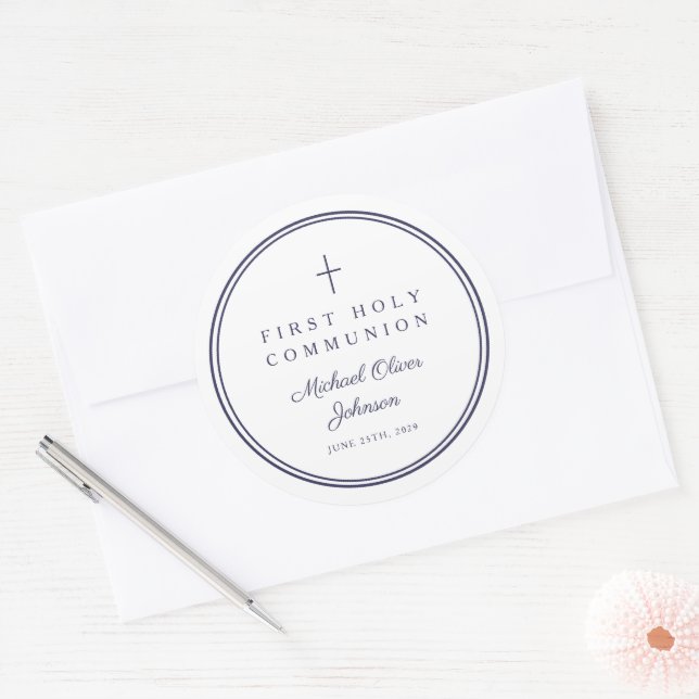Sticker Rond Elegant Navy Blue Cross Boy First Communion  (Enveloppe)