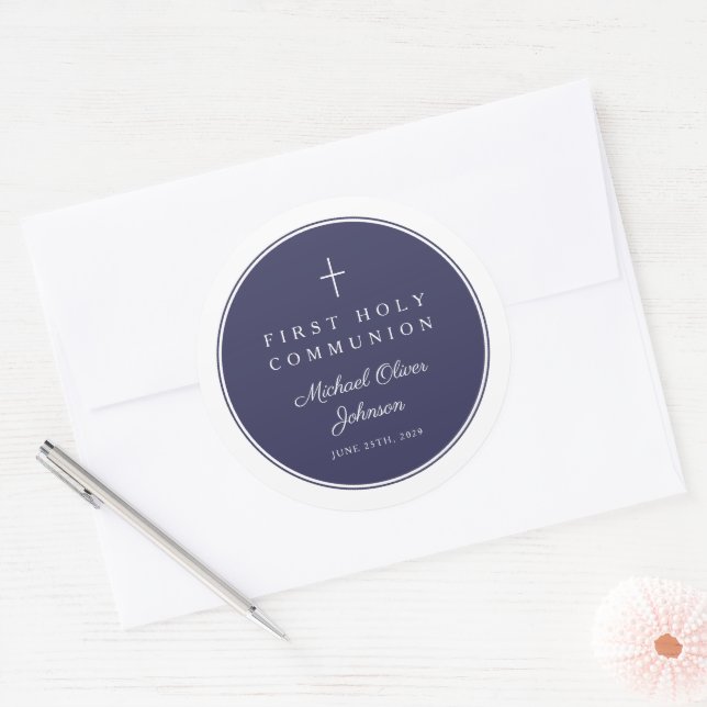 Sticker Rond Elegant Navy Blue Cross Boy First Communion  (Enveloppe)