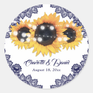 Sticker Rond Elegant Navy Blue Rustic Chic Sunflower Wedding