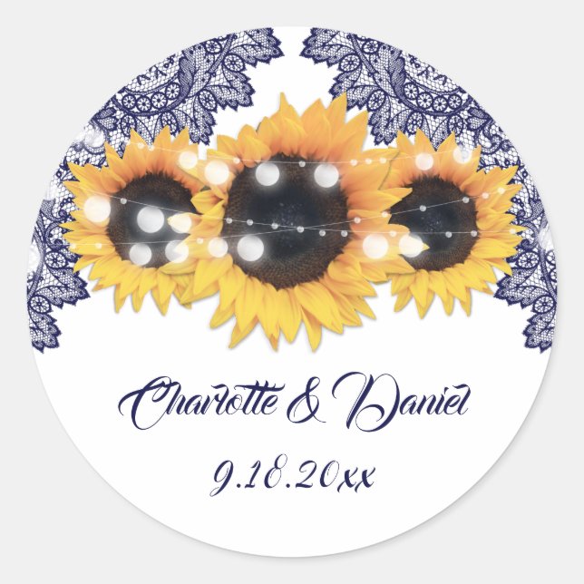 Sticker Rond Elegant Navy Blue Rustic Sunflower Wedding (Devant)