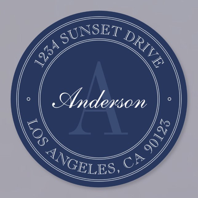 Sticker Rond Elegant Navy Blue & White Monogram Adresse (Créateur téléchargé)