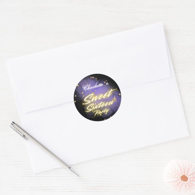 Sticker Rond Elégant néon or noir rétro Sweet 16e anniversaire (Enveloppe)