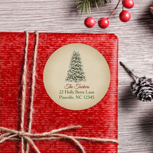 Sticker Rond Élégant Noël Arbre Kraft Papier retour Adresse (Créateur téléchargé)