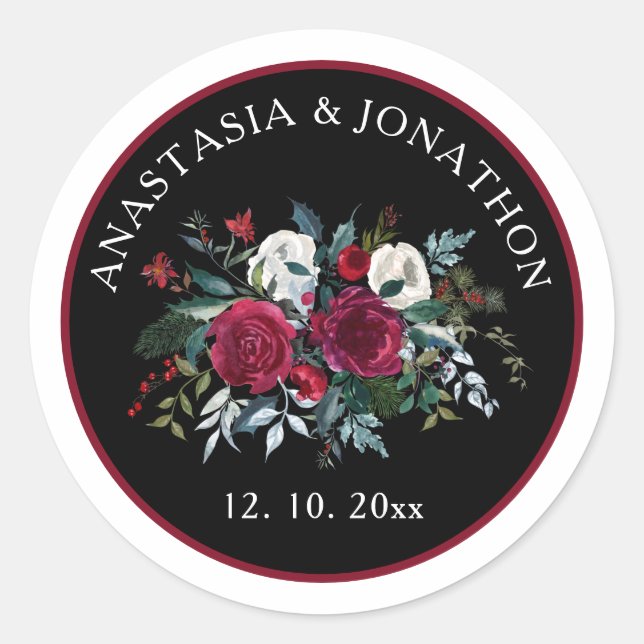 Sticker Rond Élégant Noël Floral Rose Mariage de vacances (Devant)