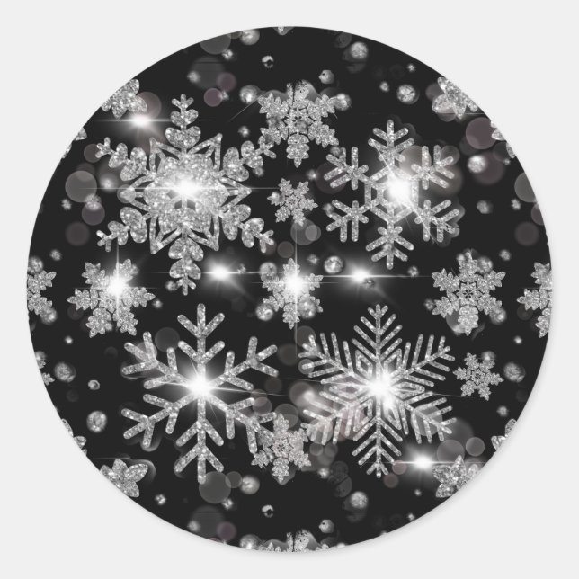 Sticker Rond Élégant Noël noir blanc argent flocons de neige (Devant)