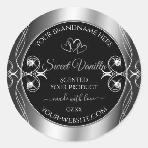 Sticker Rond Élégant Noir Argent Décor Produit Diamants Étiquet