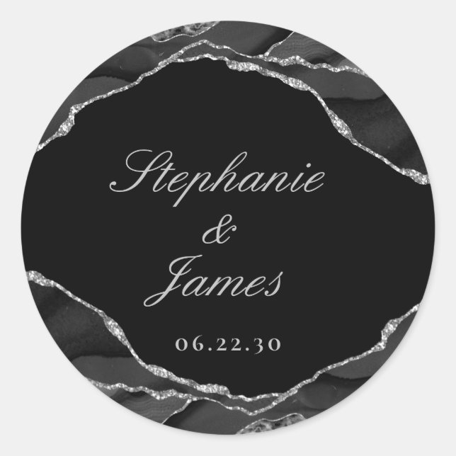 Sticker Rond Élégant noir blanc argenté Mariage d'agate d'huile (Devant)