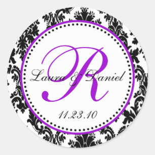 Sticker Rond Elégant noir blanc violet Mariage damassé