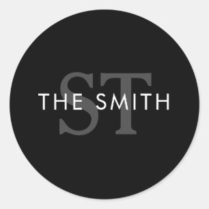 Sticker Rond Élégant noir et blanc Monogramme initial personnal