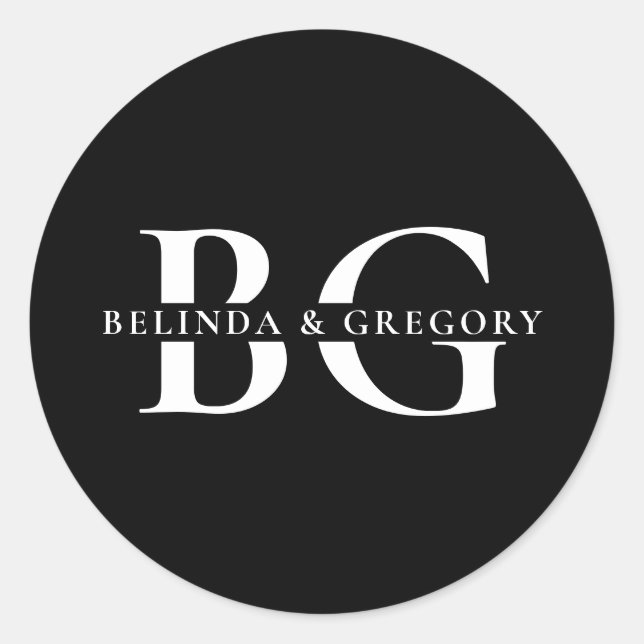 Sticker Rond Élégant Noir et Blanc Monogramme Initiales Mariage (Devant)