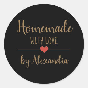 Sticker Rond Elégant noir fait maison avec amour écriture or 