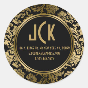 Sticker Rond Elégant noir & or Floral Damas 2 Motif