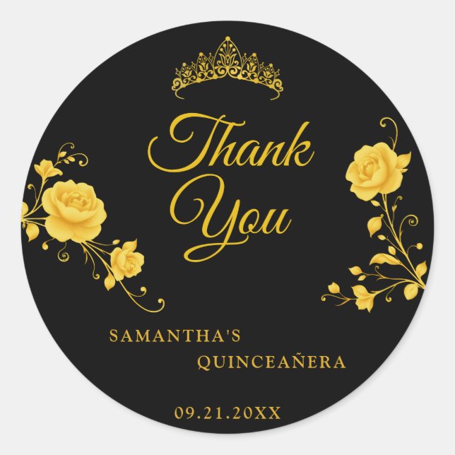 Sticker Rond Elégant noir or Floral Quinceañera Merci (Devant)
