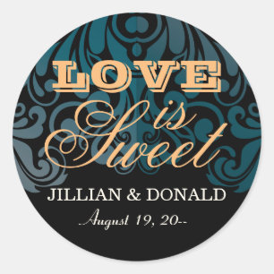 Sticker Rond Elégant noir Zircon Damask Monogramme Favoriser