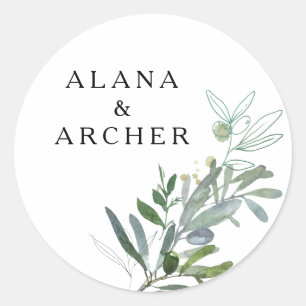 Sticker Rond Elégant Olive Greenery Mariage Enveloppe Phoques