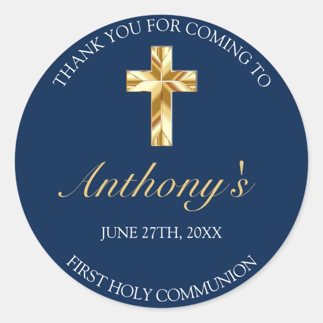 Sticker Rond Elégant Or Bleu Première Sainte Communion Merci (Devant)