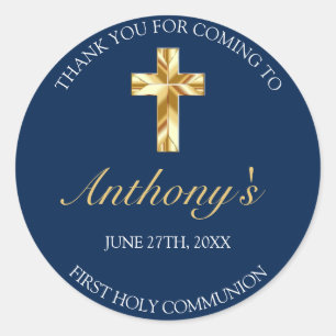 Sticker Rond Elégant Or Bleu Première Sainte Communion Merci