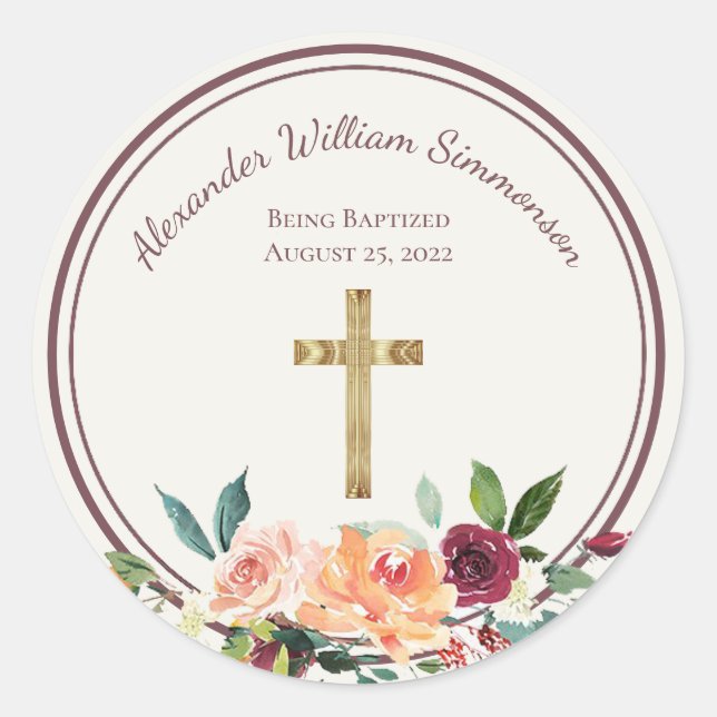 Sticker Rond Elégant or Bourgogne Floral Baby Christening (Devant)