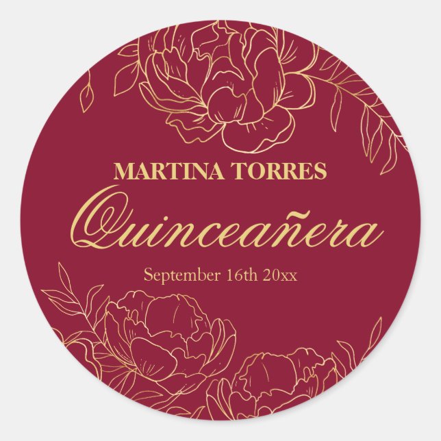 Sticker Rond Elégant or Bourgogne Rouge Floral Quinceanera (Devant)