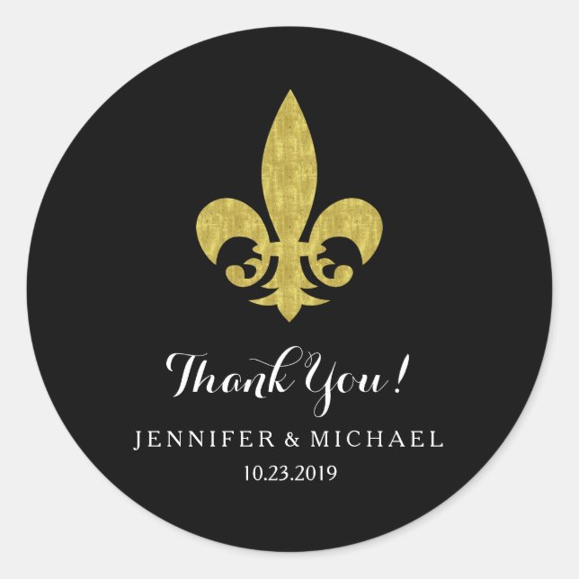 Sticker Rond Elégant or fleur de Lis pour Mariage sur Noir (Devant)
