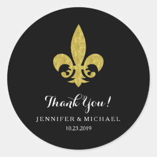 Sticker Rond Elégant or fleur de Lis pour Mariage sur Noir