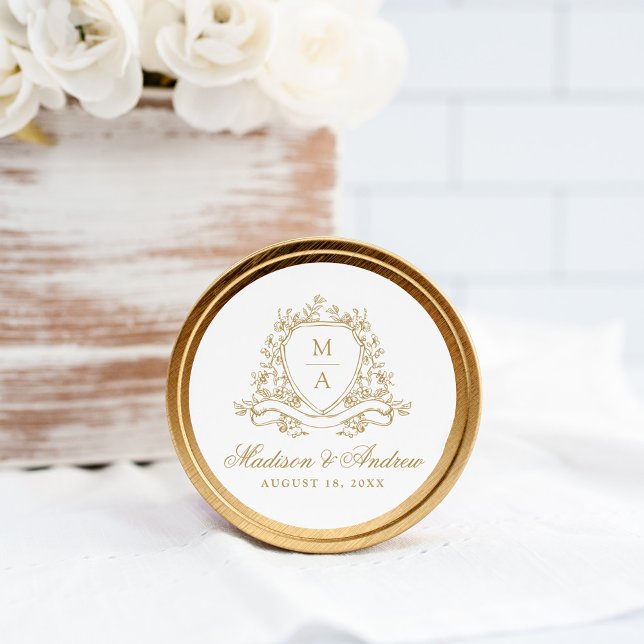 Sticker Rond Élégant or Floral Crest Monogram Mariage (Créateur téléchargé)