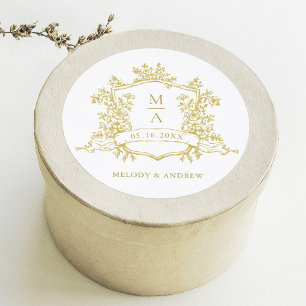 Sticker Rond Élégant or Floral Crest Monogrammes Mariage