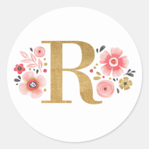 Sticker Rond Élégant or rose floral Monogramme Lettre initiale