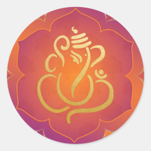 Sticker Rond Elégant Orange Gold Ganesh / Indian God Classic Ro