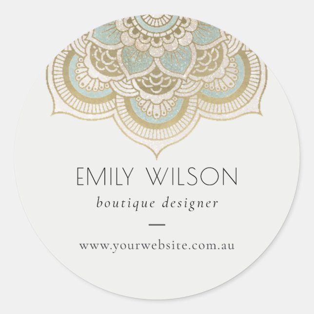 Sticker Rond Elégant Ornate Gold Foil Turquoise Mandala Website (Devant)