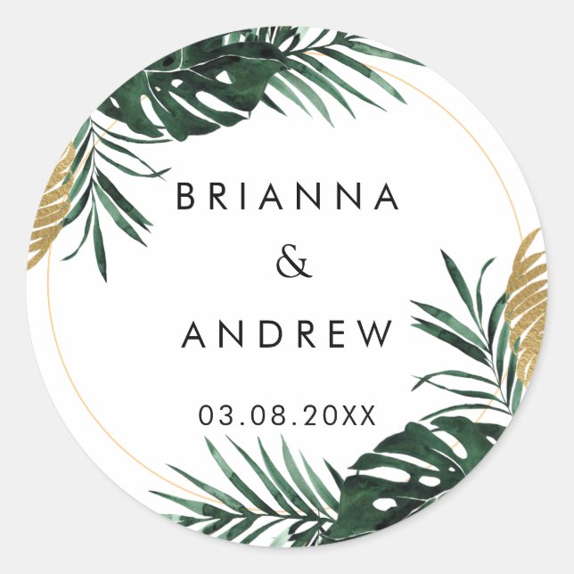 Sticker Rond Élégant, Palme Verte, Bordure Or (Imitation) (Devant)