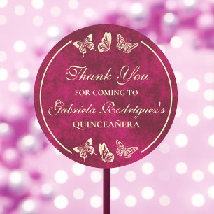 Sticker Rond Élégant Papillons en or rose fille Quinceañera